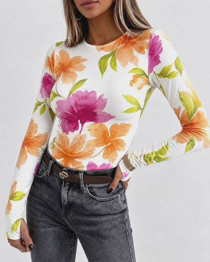 Women's Floral Print Long Sleeve Top Slim Fit Tee with Thumb Holes