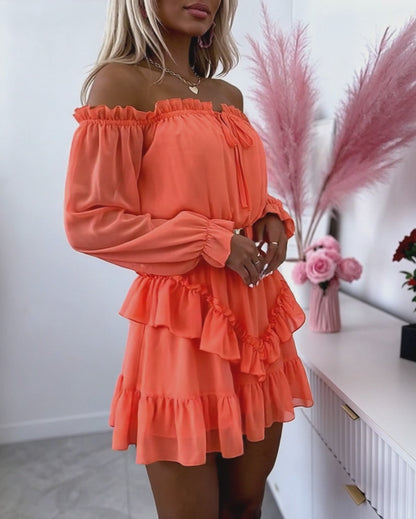 Women's Off Shoulder Frill Trim Mini A Line Dress Flowy Chiffon Ruffle Hem Party Dress with Belt & Built-In Shorts