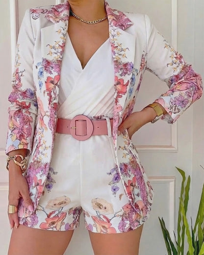 Women's Floral Blazer & Shorts Set Elegant Single-Breasted Coat and High-Waisted Shorts with Belt