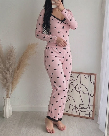 Women's Heart Print Lace Trim Ribbed Loungewear Set Long Sleeve Top and Wide Leg Pants Sweet Pajama Set