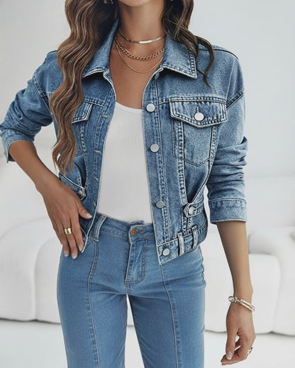Vintage Turn-down Collar Button Front Seam Design Distressed Crop Coat Casual Flap Pockets Design Cinched Waist Washed Denim Coat