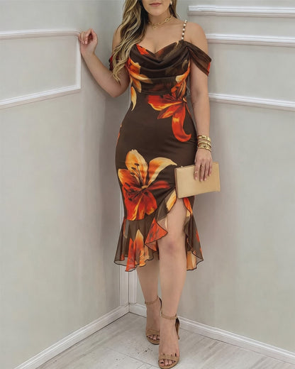 Women's Vintage Floral Print Bodycon Dress Cowl Neck Adjustable Pearls Straps Mermaid Dress Elegant Side Slit Evening Gown