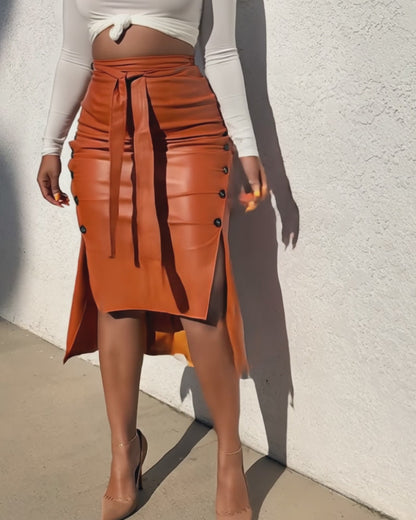 High Waisted Belted Pu Leather Pencil Skirt Side Button Split Work Midi Skirt