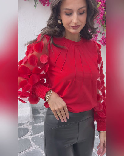 3D Polka Dot Appliques Mesh Long Sleeve Blouse Casual Shirred Cuffs Seam Front Top