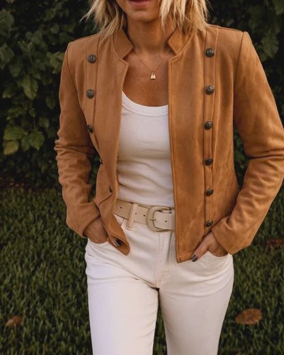 Double Breasted Decor Stand Collar Open Front Faux Suede Jacket Casual Coat