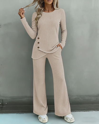 Women's Brushed Ribbed Knit 2 Piece Set Button Long Sleeve Top and Wide Leg Pants with Pockets Casual Loungewear
