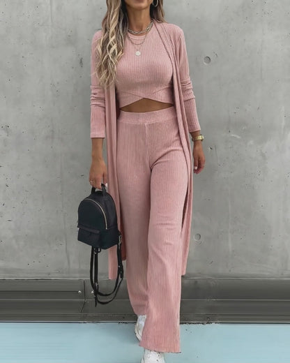 Women's 3 Piece Knit Set Long Cardigan Criss Cross Crop Tank Top and Wide Leg Pants Casual Ribbed Brushed Lounge Set