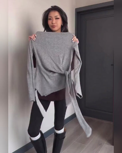 Women's 2 Piece Knit Lounge Set Long Sleeve Tie Waist Top and High Waisted Wide Leg Pants Casual Soft Sweatsuit with Pockets