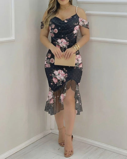 Women's French Floral Mesh Dress Sparkling Rhinestone Ruffle Hem Cami Dress Stretchy Pearl Strap Cowl Neck Bodycon Slit Dress