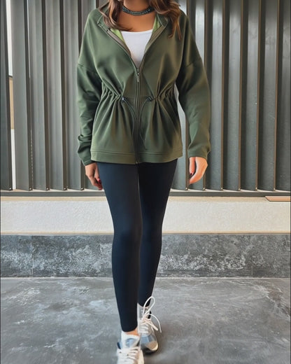 Long Sleeve Waist Drawstring Hooded Coat Casual Loose Fit Cardigan Jacket with Pockets