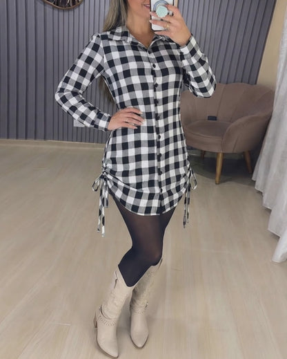 Plaid Print Turn-down Collar Button Down Dress Casual Shirred Back Side Drawstring Vacation Dress