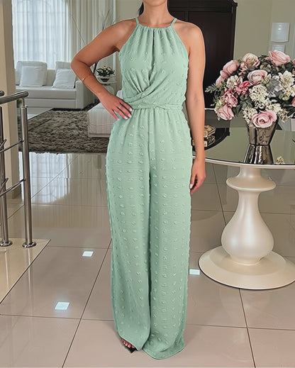 Allover 3D Decor Halter Tie Sleeveless Hollow-out Back Overalls Casual Criss Cross Front Tie Waist Wide Leg Textured Jumpsuit