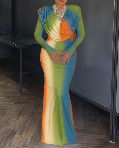 Tie Dye Print Cowl Neck Long Sleeve Backless Maxi Dress Slim Fit Zipper Back Ruched Mermaid Hem Evening Dress