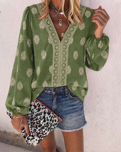 Vintage Baroque Placement Print V-Neck Lantern Sleeve Blouse Casual Long Sleeve Loose Fit Boho Top