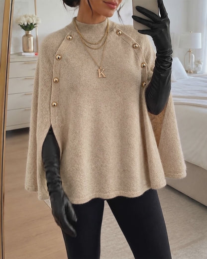 Women's Mock Neck Cape Knit Sweater Loose Old Money Style Pullover Side Slit Batwing Sleeve Winter Warm Cozy Top