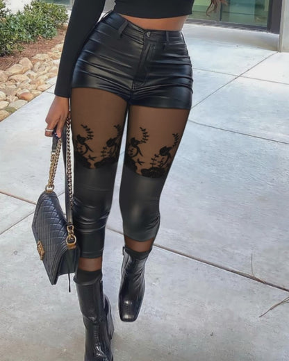 Contrast Lace PU Leather Skinny Pants