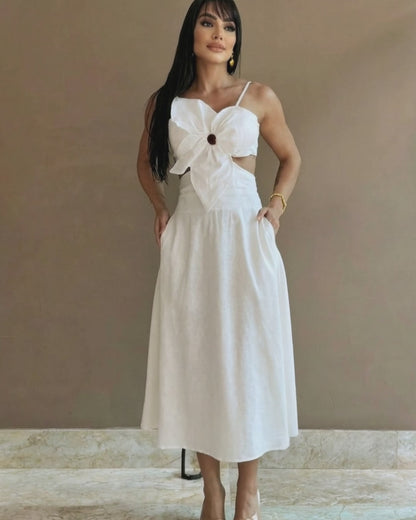 3D Flower Decor Adjustable Spaghetti Straps Zipper Back Flared Dress Casual Stretchy Back Cutout Waist Backless Tie Back Vacation Dress