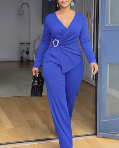 Women's 2 Piece Set Overlap V-Neck Ruched Long Sleeve Top and Wide Leg Pants Set