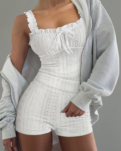 2 Pieces Outfit Square Neck Frill Straps Tied Detail Cami Top and Elastic Waist Shorts Set Slim Fit Hollow-out Jacquard Textured Knit Pajamas Set