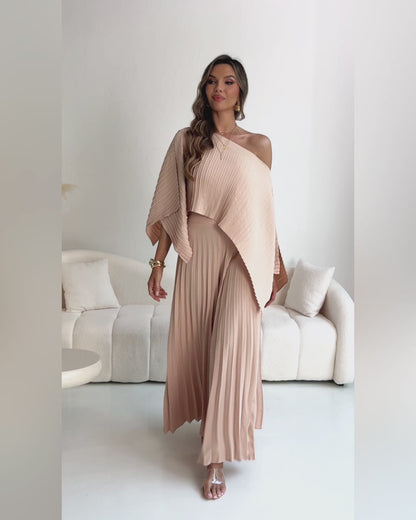 2 Pieces Outfit Irregular Hem Slit Sleeve Top and High Waist Wide Leg Pleated Pants Set