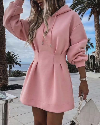 Women's Hooded Sweatshirt Dress Drawstring Waist-Cinching A-Line Casual Long Sleeve Mini Dress with Pockets