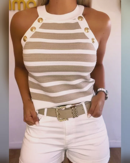 Striped Halter Sleeveless Tank Causal Golden Button Decor Breathable Knit Top