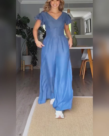 V-Neck Flutter Sleeve Cinched Waist Wide Leg Denim Look Overalls Casual High Waist Backless Shirred Back Jumpsuit
