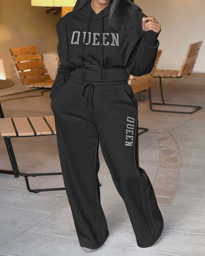 2 Pieces Outfit 3D Design Crop Drawstring Hoodie Top and Drawstring Elastic Waist Wide Leg Sweatpants Set Casual Rhinestone Letter Pattern Sweatshirt Set