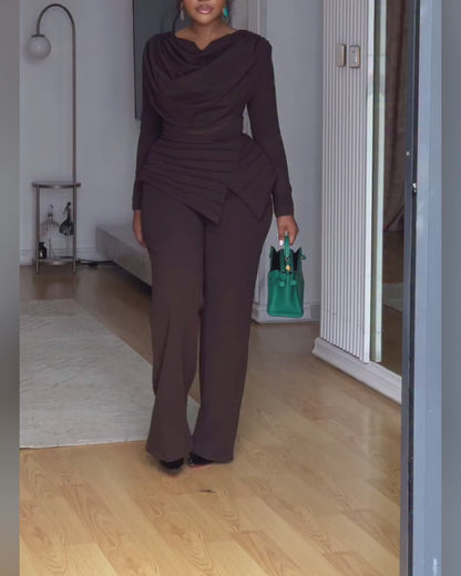 Cowl Neck Asymmetrical Textured Patchwork Cinched Waist Jumpsuit Casual Zipper Back Wide Leg Jumpsuit