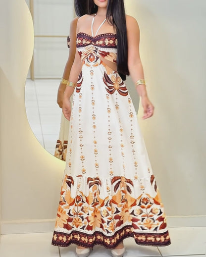 Vintage Floral Print Halter Tie Ruched Cutout Waist Ruffle Hem Maxi Dress Casual Backless Tie Back Vacation Dress