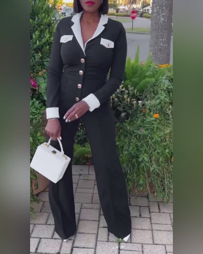 Colorblock Long Sleeve Jumpsuit with Turn-down Collar Casual Metal Button Details Wide Leg Romper