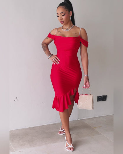 Cold Shoulder Pearls Straps Bodycon Dress Cowl Neck Asymmetrical Ruffle Hem Party Dress