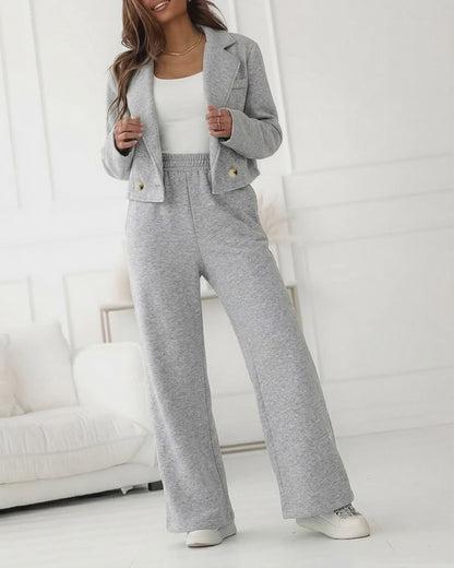 CHICME Women's 2-Piece Set Casual Cropped Blazer and High Waist Wide Leg Pants Set Relaxed Fit Suit Outfits