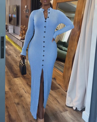 Women's Vintage Plaid Button Front Slit Maxi Dress Long Sleeve Stand Collar Slim Fit Knit Dress