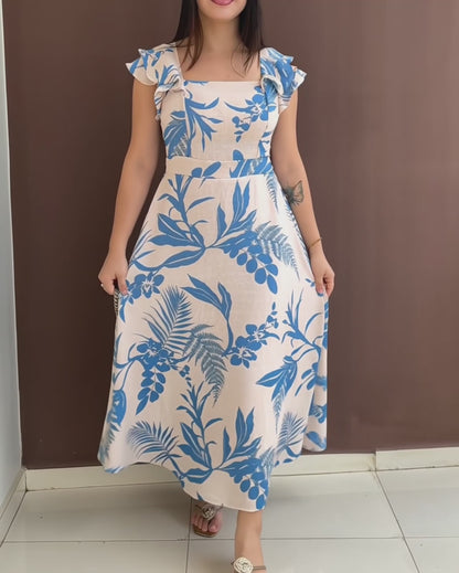 Tropical Plants Print Square Neck Flutter Sleeve Backless Maxi Dress Casual Shirred Back Cinched Waist Vacation Dress