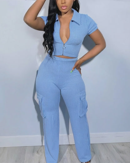 2 Pieces Outfit Polo Collar Short Sleeve Zip Up Slim Fit Crop Top and High Waist Elastic Waist Cargo Pockets Design Pants Set Casual Ribbed Set