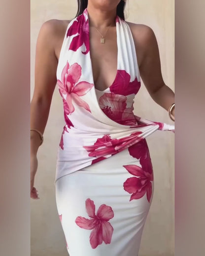 Women's Tropical Floral Halter Maxi Dress Deep V Neck Backless Ruched Wrap Draped Party Dress Elegant Slit Evening Gown