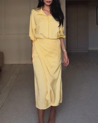 Women's Faux Two Piece Shirt Dress Wrap Lace-up Tie Waist Midi Dress Long Sleeve Slit Casual Dress