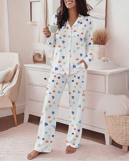 Women's Colorful Heart Print 2 Piece Pajama Set Long Sleeve Button Down Top and High Waisted Pants Casual Lounge Sets