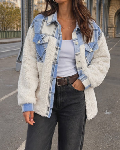 Veste polaire à carreaux pour femmes, veste décontractée à manches longues boutonnée en fausse peau de mouton