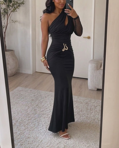 Women's One Shoulder Rhinestone Mesh Sleeve Maxi Dress Ruched Hollow-out Mermaid Evening Gown