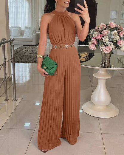 CHICME Women's Halter Tie Wide Leg Jumpsuit Pleated High Waist One-Piece Romper Elegant Sleeveless Evening Party Jumpsuit without Waist Chain