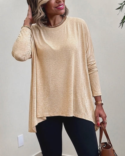 Haut à manches longues avec ourlet asymétrique pour femme, coupe ample, épaules tombantes, col rond, doux, ample, décontracté