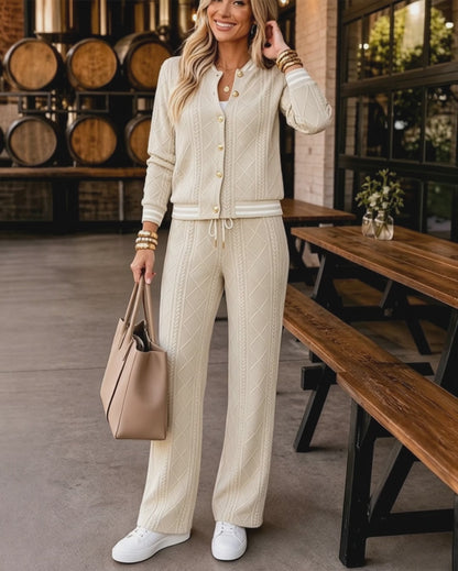 Women's 2 Piece Cable Knit Tracksuit Baseball Collar Crop Coat and High Waist Pants Set