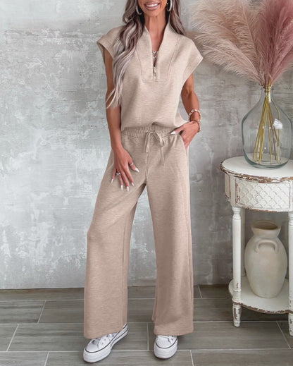 Women's 2 Piece Set Half Zip Cap Sleeve Top and Drawstring Straight Leg Pants Casual Loungewear