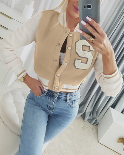 Women's Retro Varsity Jacket Colorblock Letter Patch Cropped Baseball Coat Snap Button Sporty Outerwear