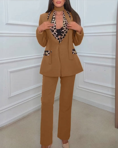 2 Pieces Outfit Metal Decor Leopard Print Spliced Shawl Collar Single Breasted Flap Detail Coat and Zipper Fly Pants Set Casual Blazer Set with Utility Belt