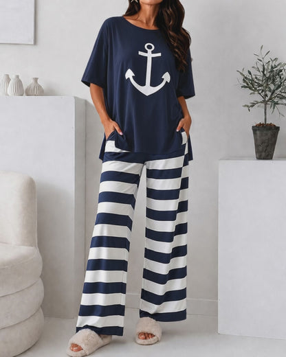 Women's Loungewear Set Anchor Print Side Slit Top and Striped Straight Leg Pants Set Casual Pajamas Set with Pockets