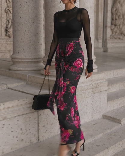 Women's Floral Print High Waisted Maxi Skirt Ruched Front Knot Bodycon Slit Skirt
