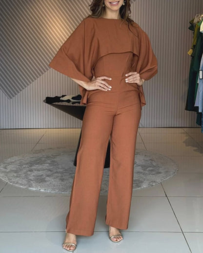 Women's Cape Jumpsuit High Waist Straight Leg Overalls Elegant Evening Jumpsuit with Pockets